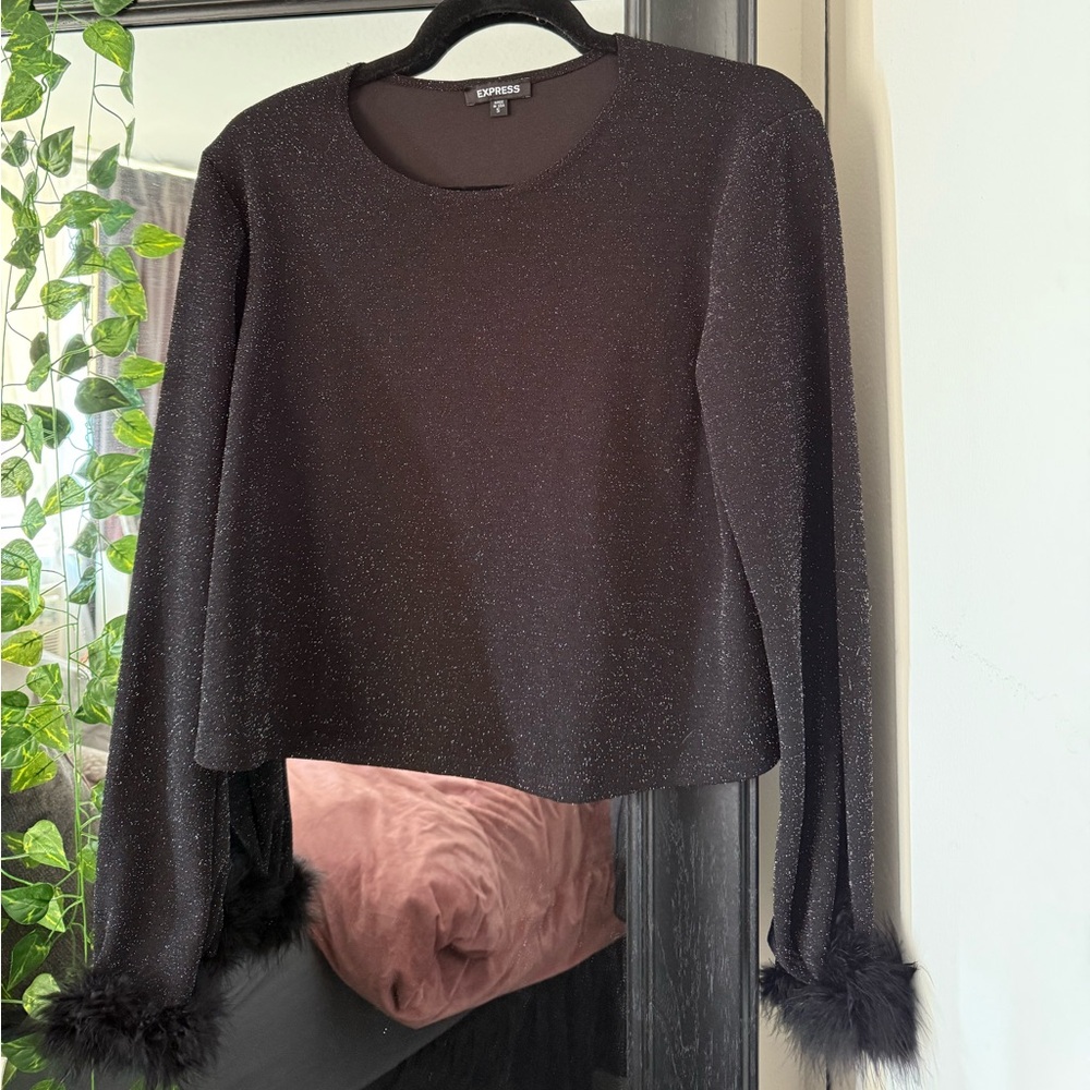 Express Black Sparkle Blouse with Feather Cuffs